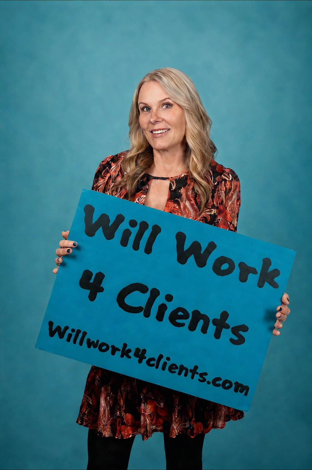 Mindy Cox holding her Will Work 4 Clients sign
